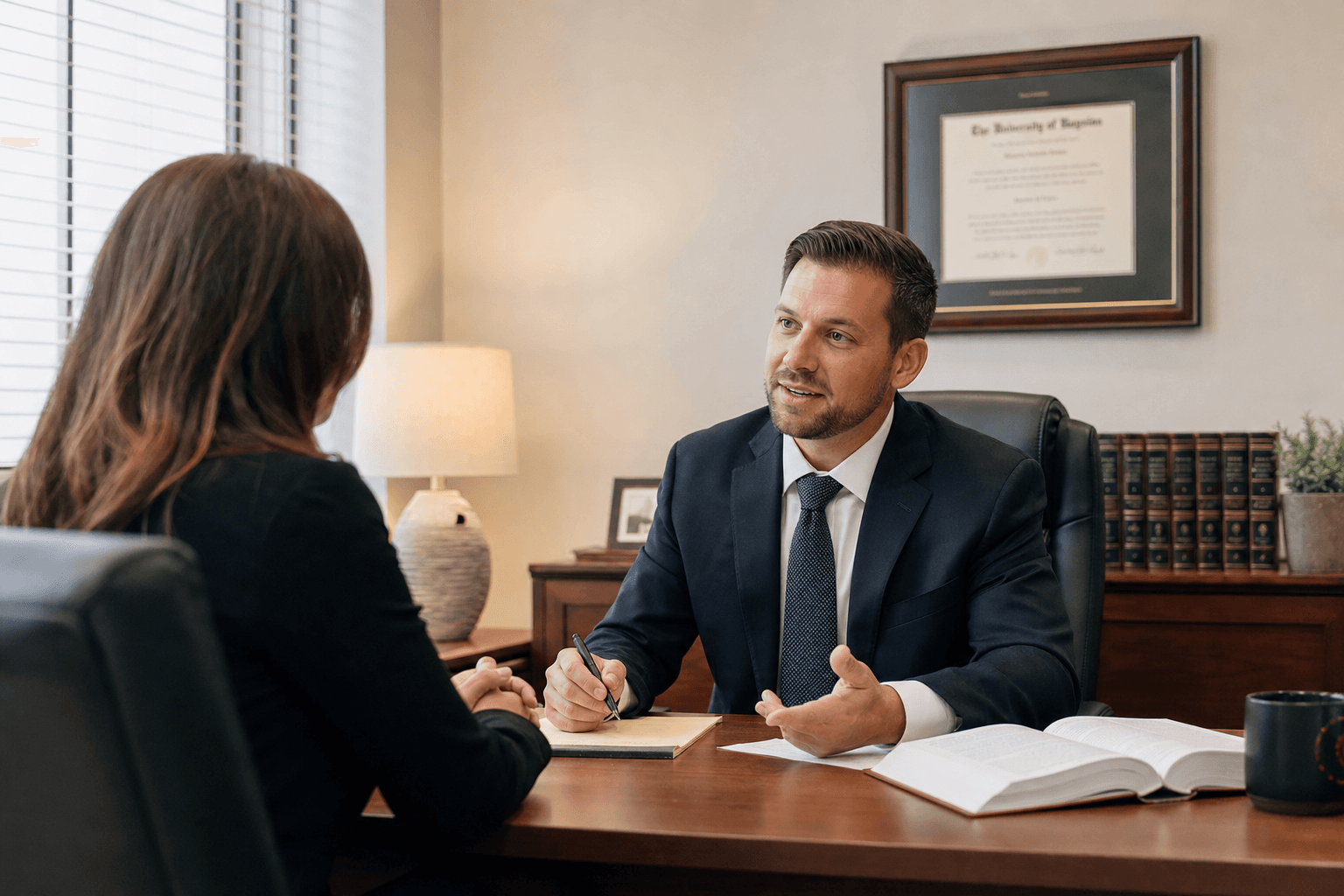 Attorney meeting with a client in a professional office setting
