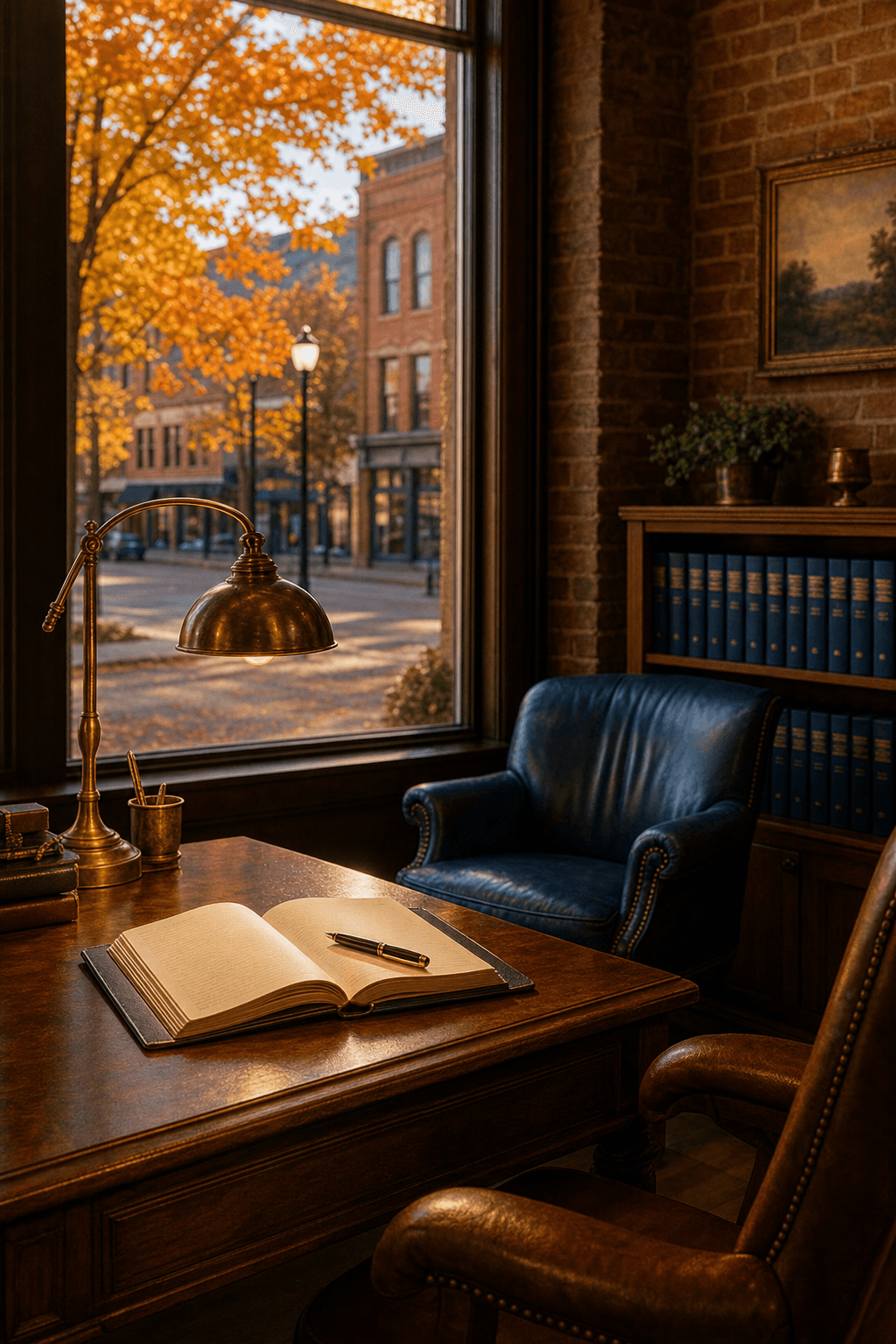 Warm law office interior at golden hour with a brass desk lamp, blue leather chair, and autumn trees visible through the window