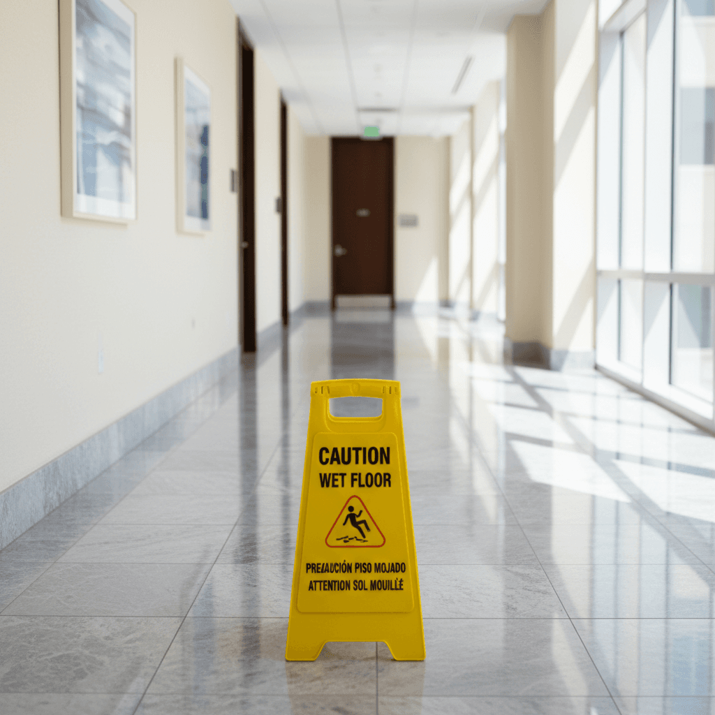Caution wet floor sign in a modern office hallway with polished floors