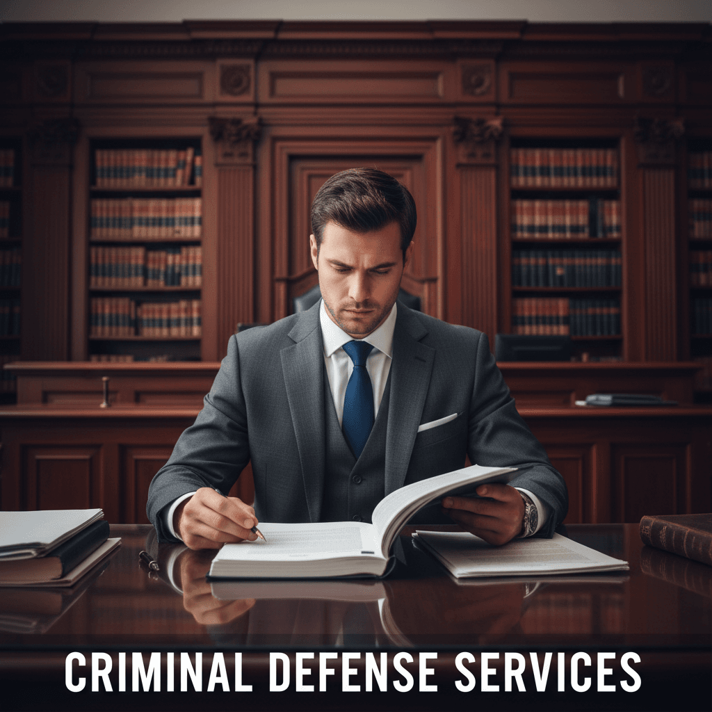 Lawyer in professional suit reviewing documents in courtroom setting