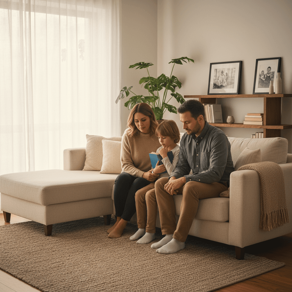 Family in quiet reflective moment in warm living room setting