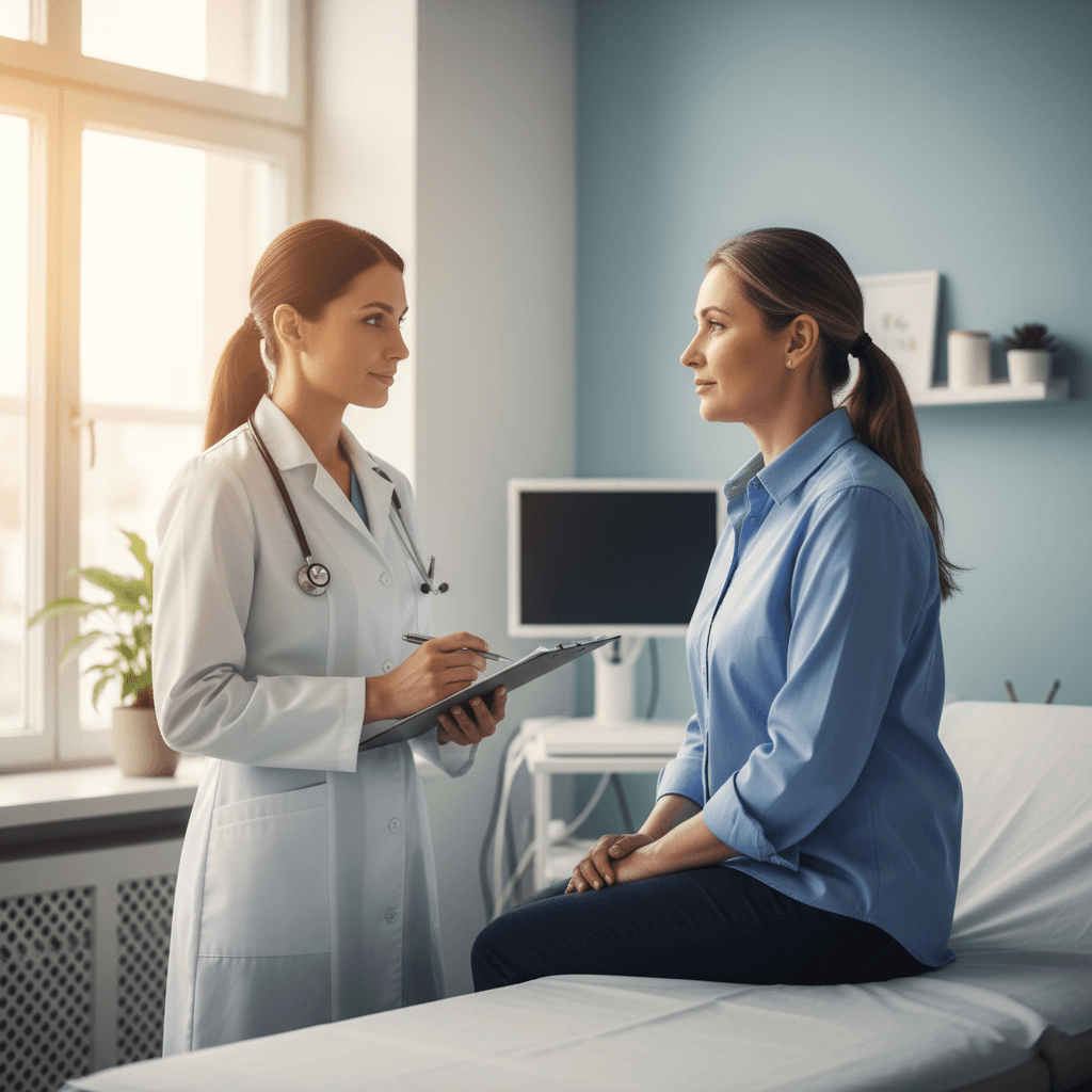 Medical professional in examination room with patient in hospital setting